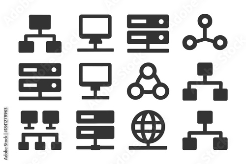 Icons of network devices and structures including servers and computers.
