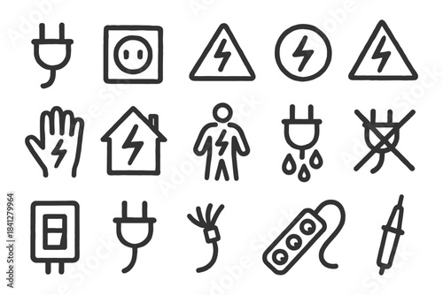 Electrical safety icons: outlets, plugs, voltage warning, wet conditions, protective gear.
