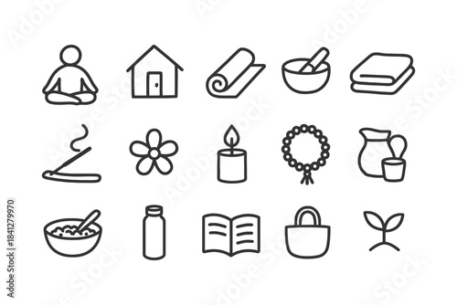 Minimalist wellbeing icons set featuring meditation, home, yoga, candle, plant, and relaxation elements.