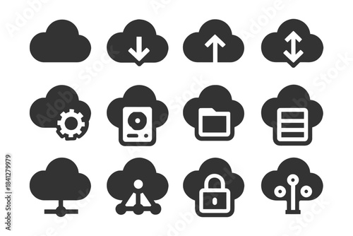 Cloud computing icons: data, upload, download, security, settings, technology.
