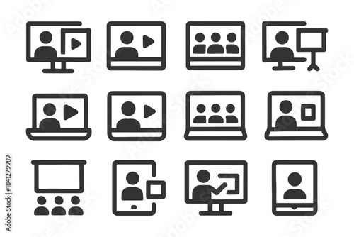 Set of iconic digital communication and education symbols for online interaction.