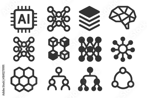 Ai and network icon set featuring artificial intelligence and neural networks.