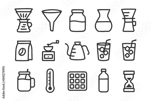 Line art coffee brewing tools and accessories collection.