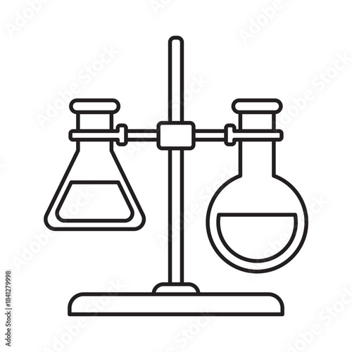 Chemistry laboratory equipment setup drawing conical and round bottom flasks on retort stand scientific experiment tools