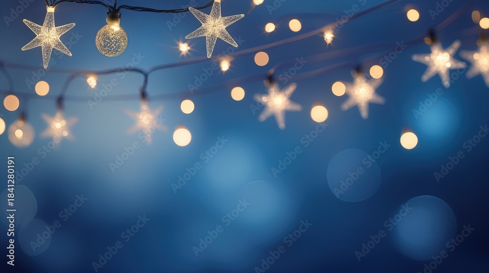Fototapeta premium Warm string lights glow against a soft, blurred blue backdrop, creating a cozy, festive, and magical winter scene. Christmas, happy New Year decoration.