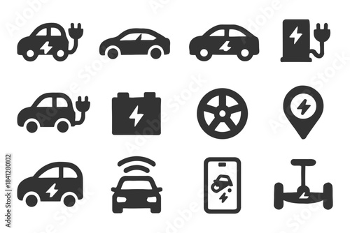 Electric vehicle icons: charging, battery, gps, and connectivity symbols.