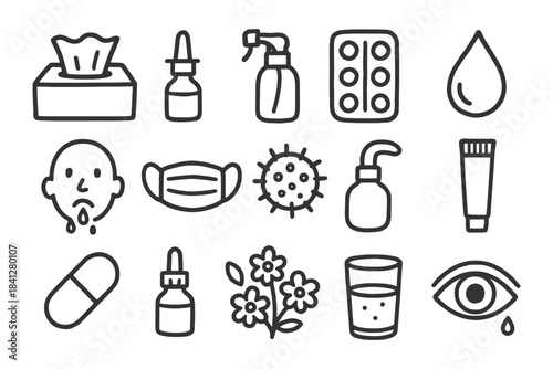 Healthcare icons set: tissue, nasal spray, sanitizer, tablets, mask, germ, hygiene symbols.