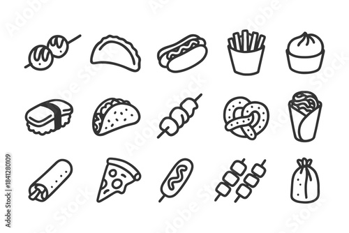 Assorted street food icons: sushi, pizza, tacos, hot dog, fries.
