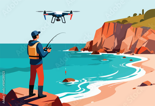Fisherman controlling drone on cliff overlooking beach and sea