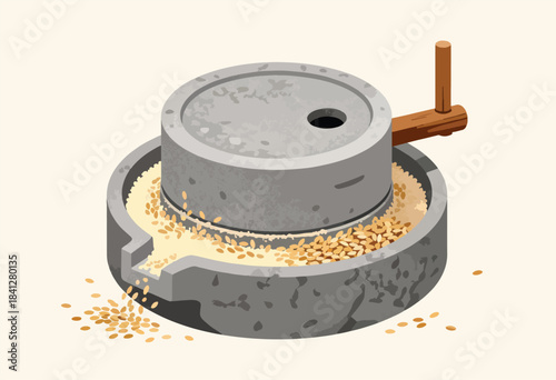 Stone mill processing grains into flour with a wooden handle