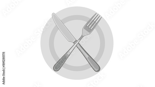 A gray plate with a knife and fork crossed over each other on a white background