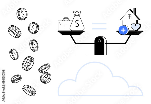 Financial balance concept. balancing wealth investments and life assets symbols of money, housing, and savings. Financial choices, monetary management, digital assets, banking, planning