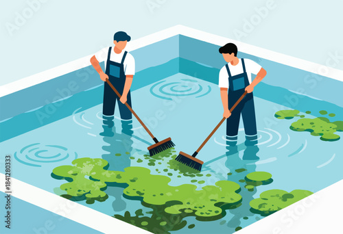 Two people in overalls cleaning a pool with brooms