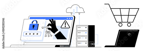 Cybersecurity, data protection, online shopping, e-commerce, identity authentication, digital safety. Laptop showing a lock, key and alert symbols. Cybersecurity and data protection concept