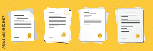 Set of four documents, contracts, or official papers with golden seals on yellow background, flat design illustration