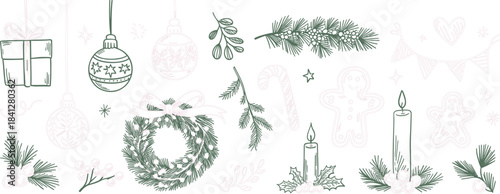 Delicate Hand Drawn Christmas Icons In Green And Pink With Gifts And Wreath xmas holiday