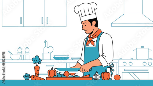 Chef chopping fresh vegetables in a professional kitchen. Modern flat vector culinary illustration with clean shapes and solid colors