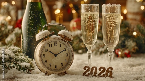 Snowy winter landscape at twilight with vintage alarm clock and champagne glasses next to it