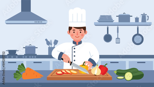 Chef chopping fresh vegetables in a professional kitchen. Modern flat vector culinary illustration with clean shapes and solid colors