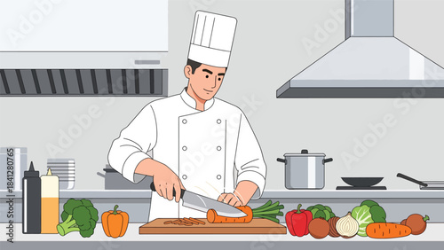 Chef chopping fresh vegetables in a professional kitchen. Modern flat vector culinary illustration with clean shapes and solid colors