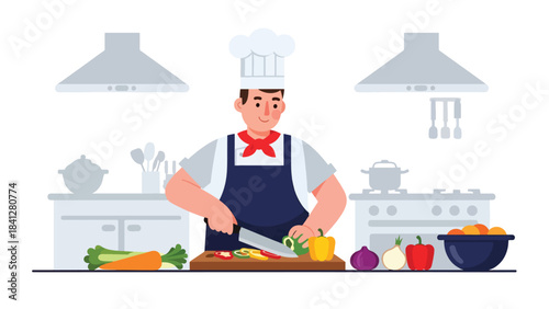 Chef chopping fresh vegetables in a professional kitchen. Modern flat vector culinary illustration with clean shapes and solid colors