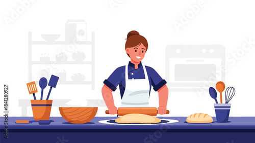 Chef preparing dough with rolling pin on countertop. Modern flat vector bakery illustration in clean solid color style