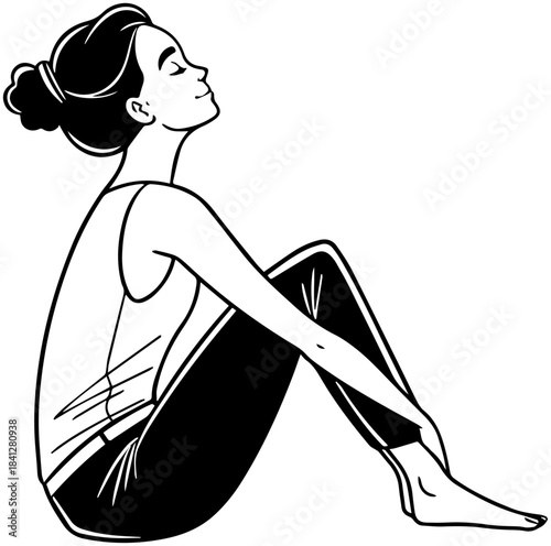 Woman Sitting in Contemplative Pose – Black and White Line Art