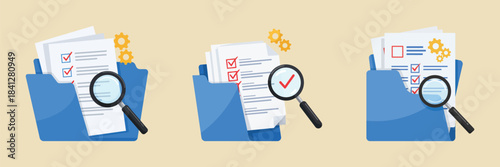 Document review and audit concept with three folders, magnifying glass, checklist, and gear icons, symbolizing inspection, verification, and process management in business or data analysis