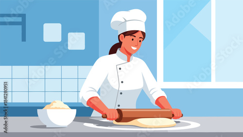 Chef preparing dough with rolling pin on countertop. Modern flat vector bakery illustration in clean solid color style
