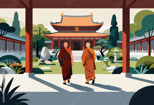 Two monks in robes walk towards a temple within a lush garden setting