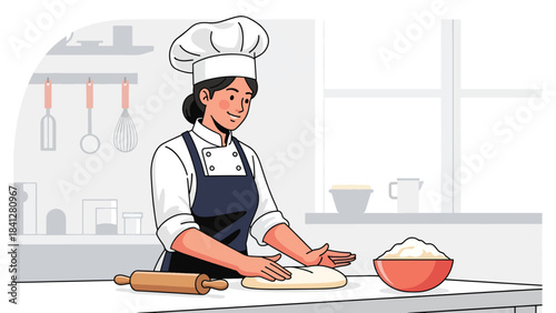 Chef preparing dough with rolling pin on countertop. Modern flat vector bakery illustration in clean solid color style