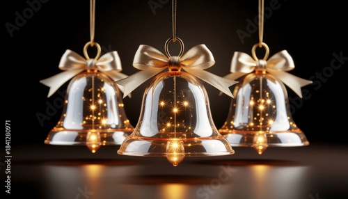 Three clear glass bells with golden bows illuminated by internal sparkling lights against a dark background