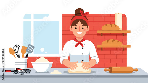 Chef preparing dough with rolling pin on countertop. Modern flat vector bakery illustration in clean solid color style
