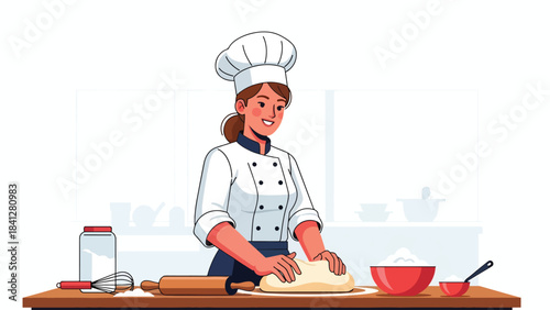 Chef preparing dough with rolling pin on countertop. Modern flat vector bakery illustration in clean solid color style
