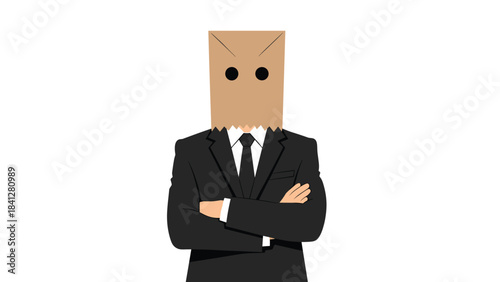 A cartoon man in a business suit with a paper bag over his head and arms crossed standing isolated on white background