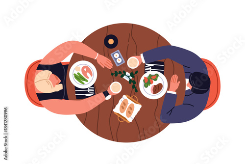 Love couple at dining table. Romantic dinner, date at restaurant, overhead top view. Man and woman sitting in cafe with meal, food and drink. Flat vector illustration isolated on white background