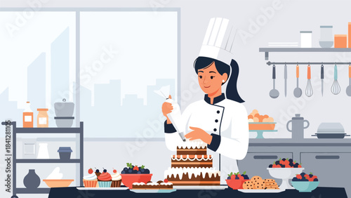 Pastry chef decorating a cake with piping bag. Modern flat vector dessert illustration with clean shapes and solid tones