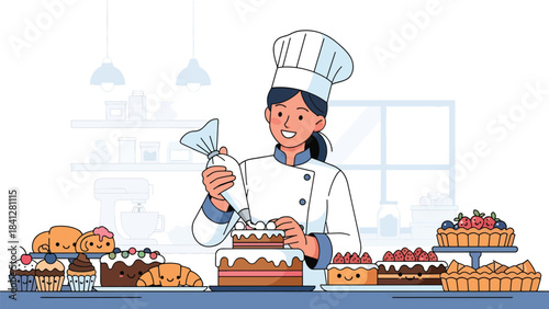 Pastry chef decorating a cake with piping bag. Modern flat vector dessert illustration with clean shapes and solid tones