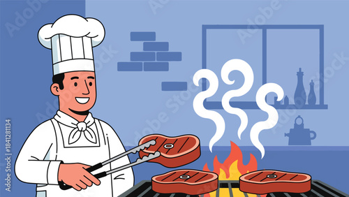 Chef grilling steaks on open-flame grill. Modern flat vector BBQ cooking illustration using bold solid color shapes