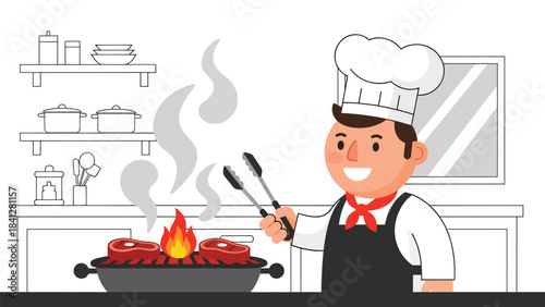 Chef grilling steaks on open-flame grill. Modern flat vector BBQ cooking illustration using bold solid color shapes