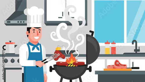 Chef grilling steaks on open-flame grill. Modern flat vector BBQ cooking illustration using bold solid color shapes
