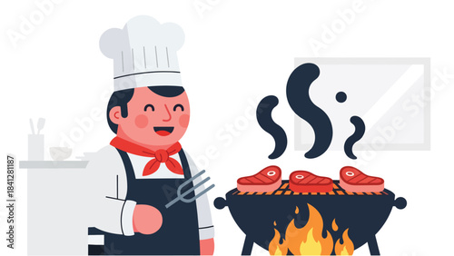 Chef grilling steaks on open-flame grill. Modern flat vector BBQ cooking illustration using bold solid color shapes