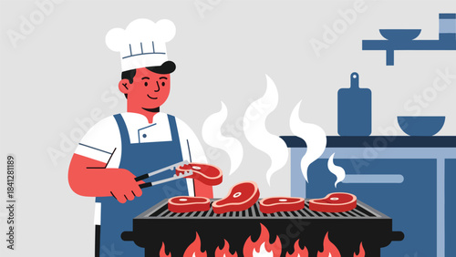 Chef grilling steaks on open-flame grill. Modern flat vector BBQ cooking illustration using bold solid color shapes