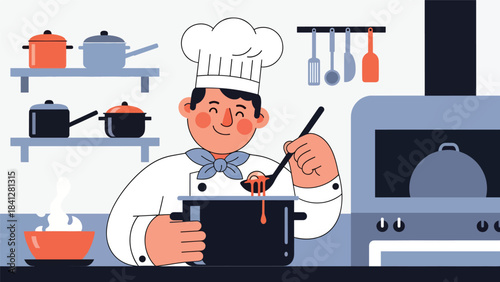 Chef stirring soup in large pot on stove. Modern flat vector cooking illustration with clean shapes and solid colors