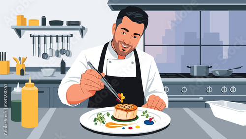 Chef plating a gourmet dish with precision tools. Modern flat vector fine dining illustration in clean solid color style