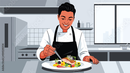 Chef plating a gourmet dish with precision tools. Modern flat vector fine dining illustration in clean solid color style