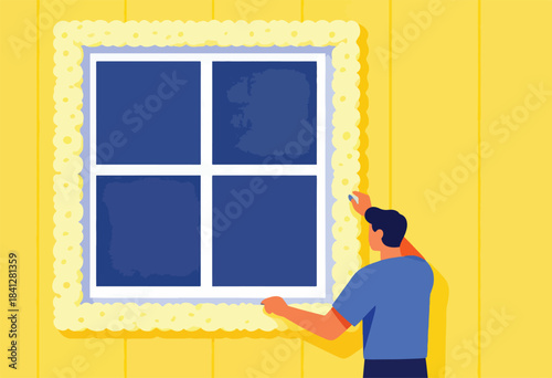 Person applying sealant around a blue-paned window on a yellow exterior