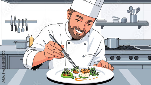Chef plating a gourmet dish with precision tools. Modern flat vector fine dining illustration in clean solid color style