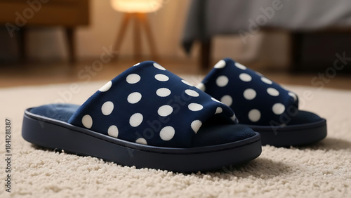 Navy Blue Polka Dot Open-Toe Slippers, Soft Indoor Footwear, Cozy Home Comfort, Stylish Bedroom Look, Relaxed Lifestyle Vibe, 8K image 