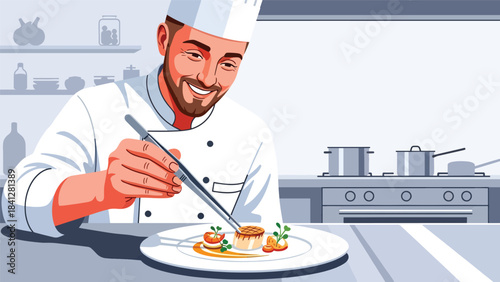 Chef plating a gourmet dish with precision tools. Modern flat vector fine dining illustration in clean solid color style